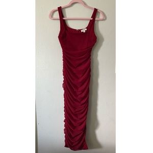 Burgundy ruched midi dress